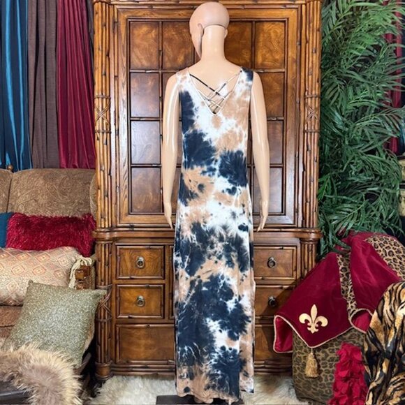 NWOT Nina Leonard Sand Fusion Criss Cross Back Side Slits Scoop Neck Maxi Dress - Picture 4 of 16